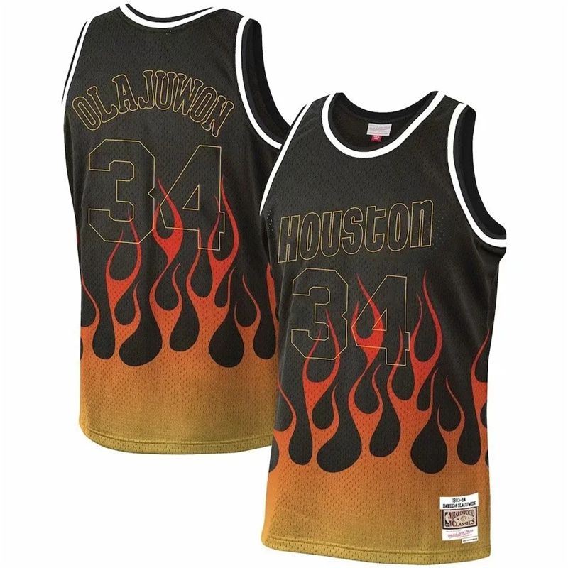 Men Houston Rockets #34 Olajuwon Black Flame retro NBA Jersey